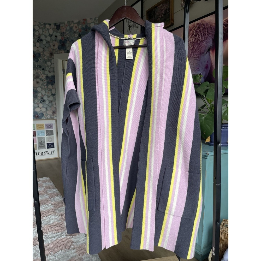 Free People Women's One Size Pink/Yellow/Gray Striped Hooded Cardigan Sweater